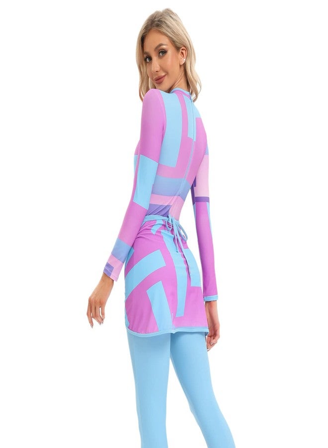 AWIBMK Womens Muslim Swimsuits Long Sleeve Tie Dye Top Swim Pants with Long Sarong Cover up Wrap Skirt Full Coverage Swimwear Modest Islamic Ladies Swimming Burkini Bathing Suit Blue + Rose 4PCS Large - Image 3
